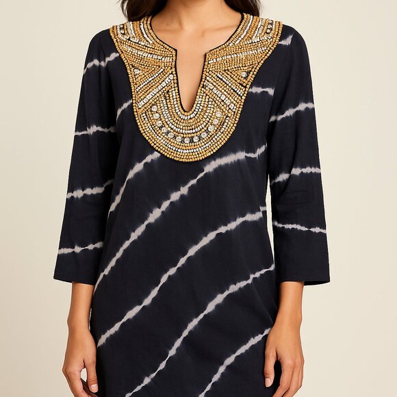 Boston Proper Tie-Dye Beaded Embroidered Tunic Top Large – Boho Luxe Statement - Picture 1 of 7